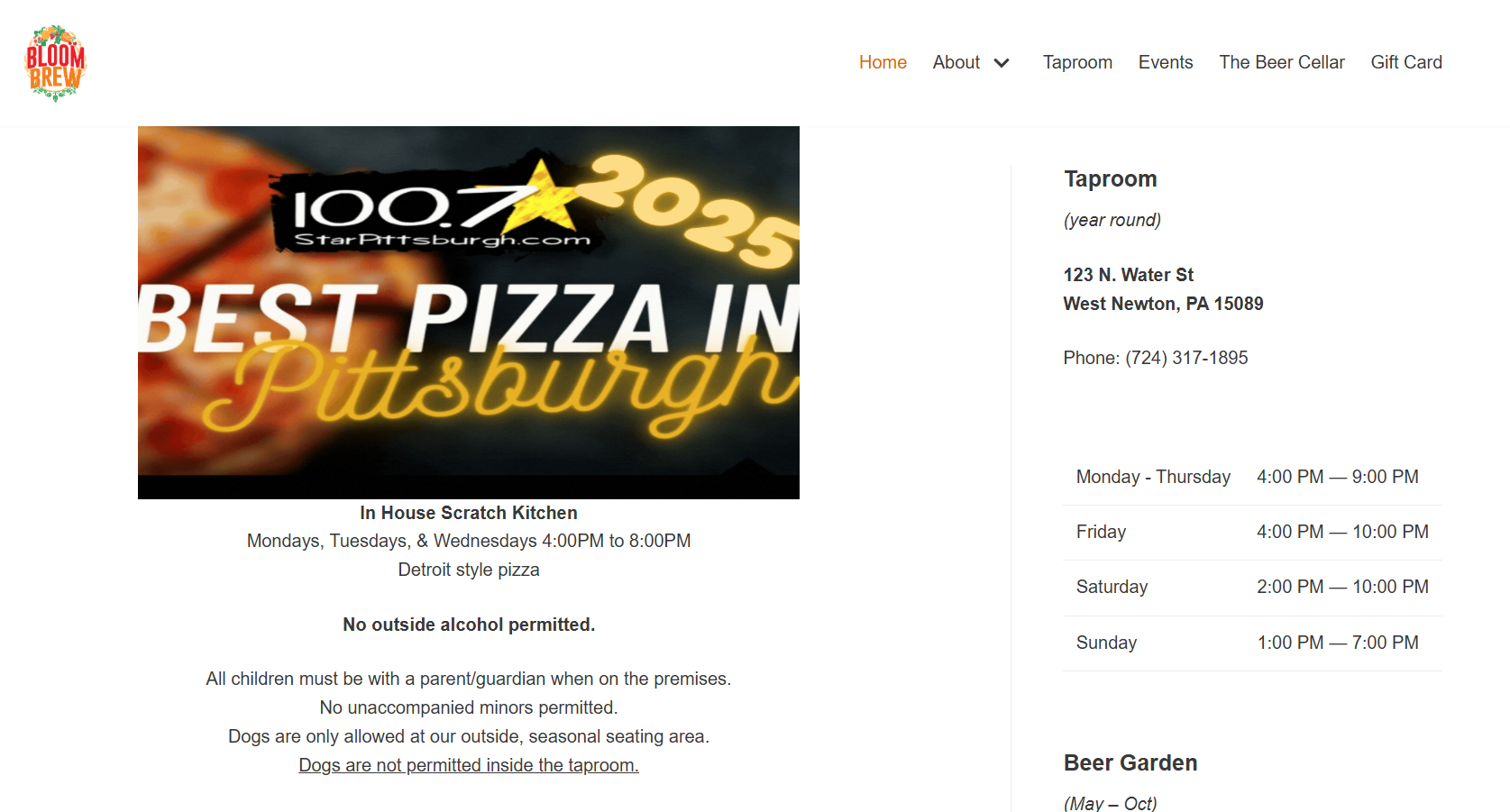 Screenshot of the website of Bloom Brew in West Newton.